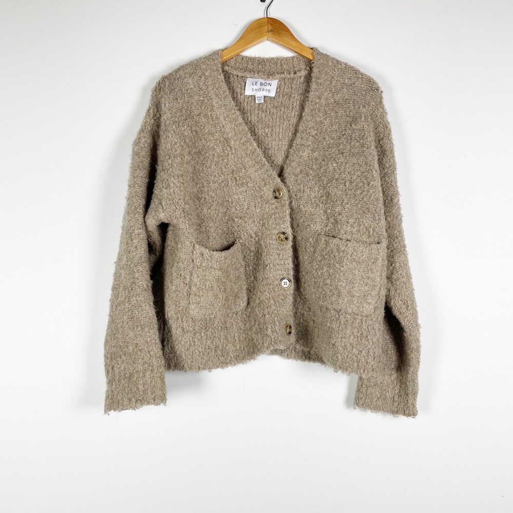 Le Bon Shoppe Chaud Wool Blend Knit Stretch Button Front Cardigan Sweater Beige